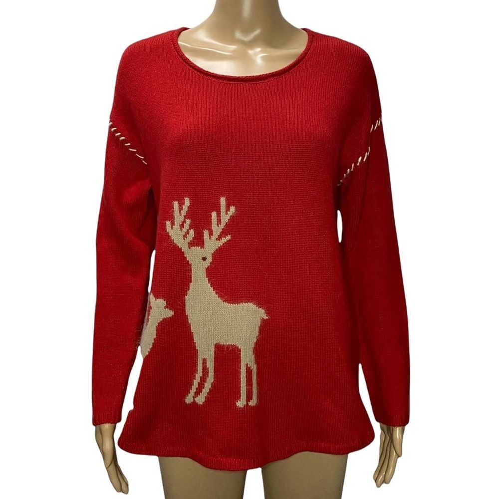 J. Jill Wool/Angora/Yak Fiber Red Reindeer Holiday Scoop Neck Sweater Small